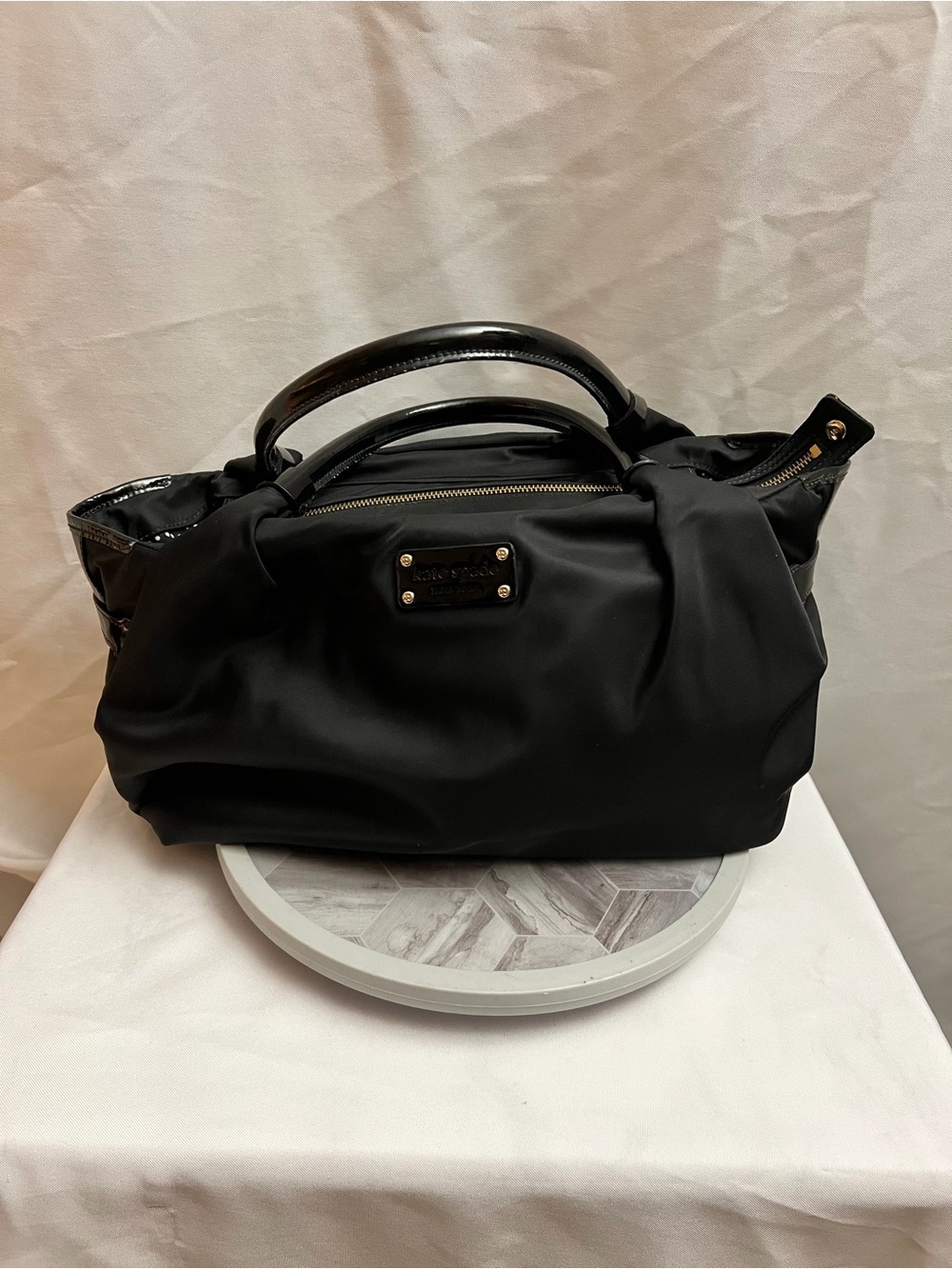 Kate Spade Black Nylon Handbag Patent Trim Polka Dot Lining Tote